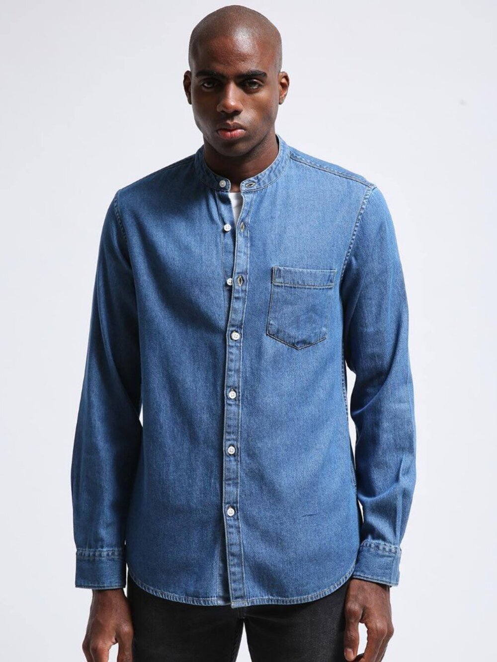 H&M LOGG Men’s Banded Collar Denim Shirt Long Sleeve Blue Size M